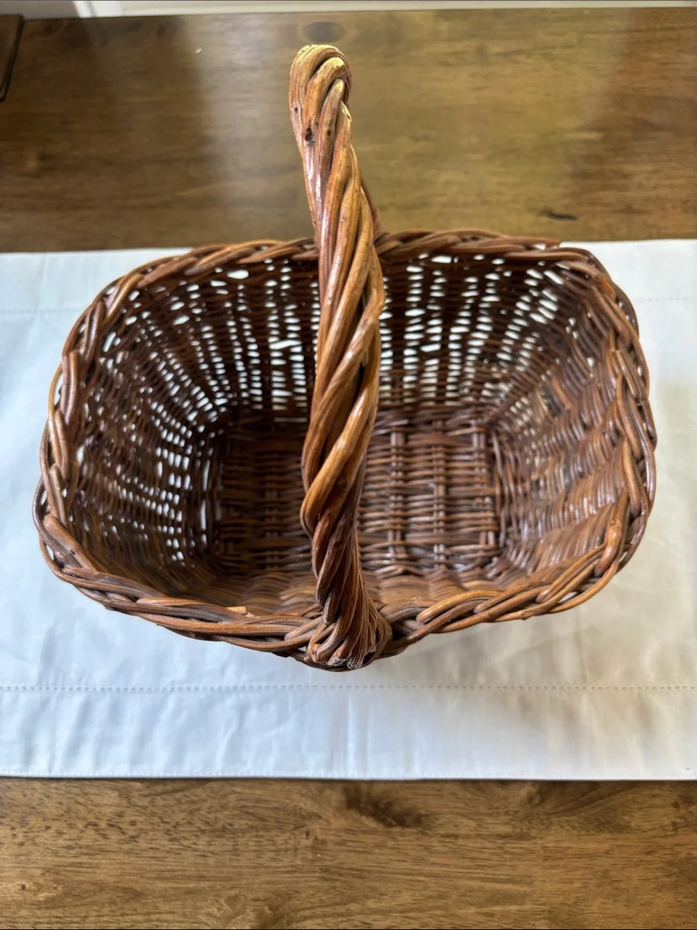 Vintage Gathering Basket With Twisted Handle Hand Woven Wicker Garden Harvest